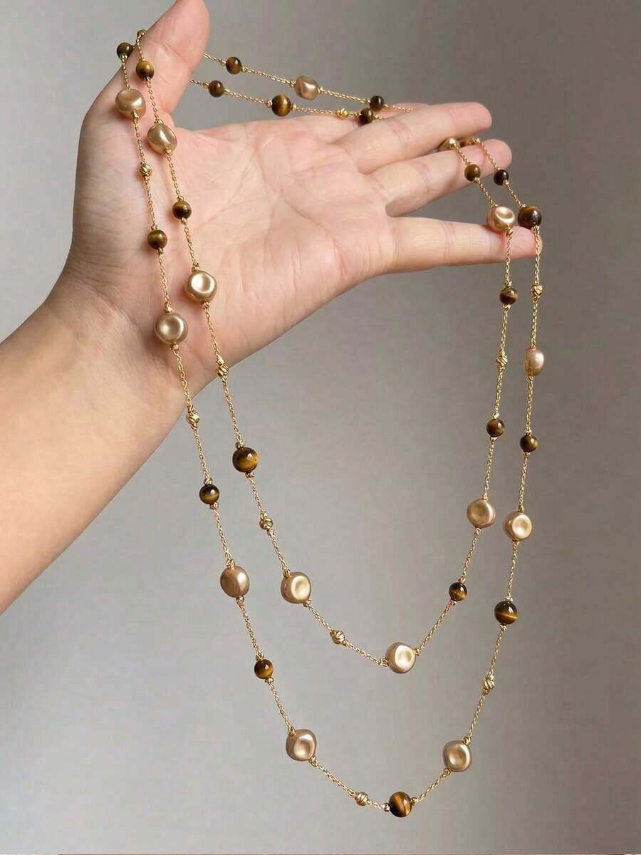 1pc Vintage Distressed Layered Beaded Long Sweater Necklace, Suitable For Women's Daily Commute, Dating, Versatile Wear - Multicolor - View 1