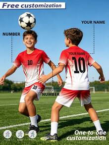 [Customized]Personalized Name Customization, Number Customization Star Style Jersey Red Boys Girls Casual Football Uniform Set -Round Neck-Short Sleeve And Shorts Sports Set - Red - View 3