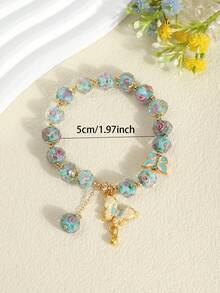 1pc New Chinese Style Rose Garden Blue Acrylic Bracelet With Butterfly Pendant, Niche Luxury Hand Accessory - Multicolor - View 4