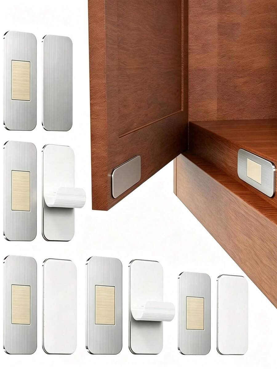 1/4/8 Piece Set (Magnetic Suction+Adhesive Backing) Magnetic Cabinet Door Buckle, Non Drilling Adhesive Stainless Steel Door Lock, Suitable For Kitchen Cabinets, Drawers, RVs, And Wardrobes. Double Sided Adhesive Bonding