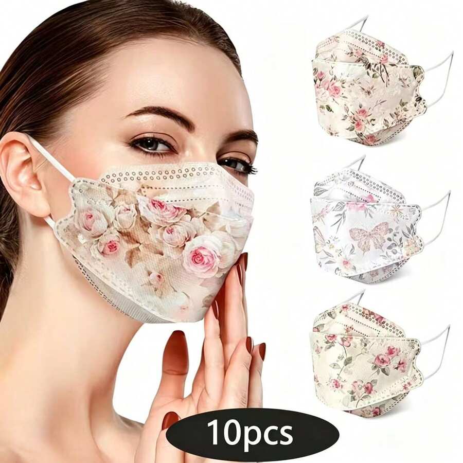10pcs Women's Elegant Floral Style Face Masks, Breathable Decorative Face Masks, Comfortable Non-Ear-Straining For Daily Wear - Multicolor - View 1