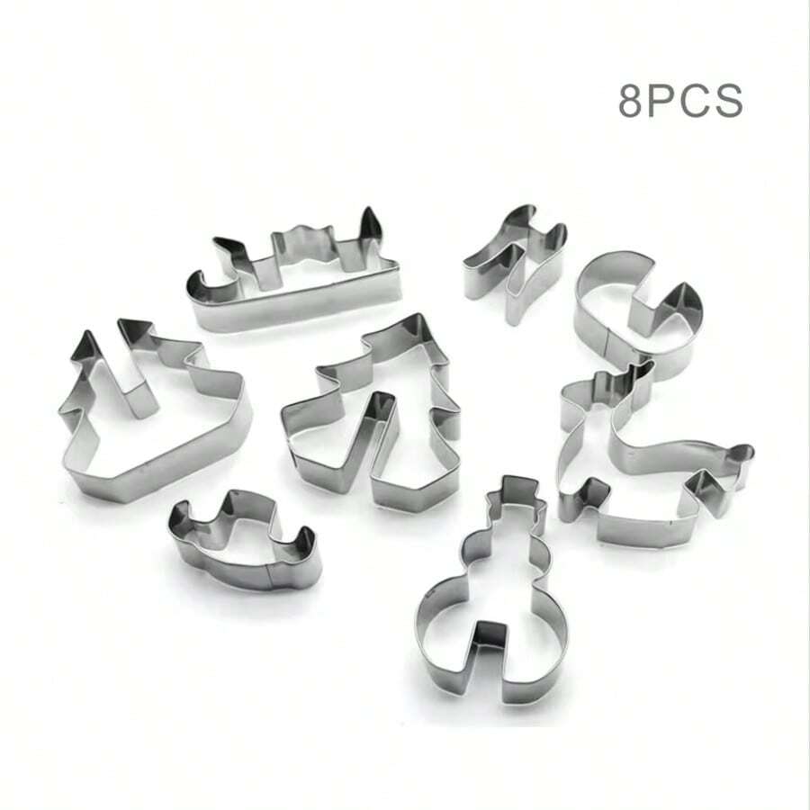 8pcs 3D Christmas Cookie Cutter Set, Stainless Steel Material, Christmas Tree / Snowman / Reindeer / Sleigh Shapes, Christmas Holiday Home DIY Baking Tools, Party Gift Cookie Cutter Set, Perfect For Christmas DIY Crafts And Christmas Gift Decoration - View 1