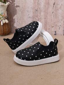 1 Pair Kids' Black Slip-On Flat Fashion Sports Shoes With Polka Dot Pattern, Suitable For All Seasons - Black - View 4