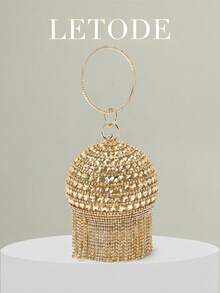 Glamorous, Elegant, Exquisite, Quiet Luxury Sequin, Stylish, Luxury, Shiny Mini Fringe Decor Circle Bag, Perfect Bride Purse For Wedding, Prom & Party Events Evening Bag, Dinner Bag For Party Girl, Woman, Glamorous Rhinestone Bag - Gold - View 10
