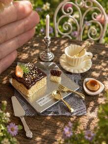 Miniature Dollhouse Candlelight Dessert Model Set, 1:12 Cake, Caramel Pudding, Teacup And Candlestick Miniature Models, With Mini Tableware And Tray, Miniature Model House Romantic Dining Scene Decoration And Photography Props - one-size - View 1