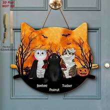 3pcs Creative Wooden Cat Halloween Hanging Decor, Wooden Door Sign Pendant, Halloween Small Hanging Ornament - Multicolor - View 5