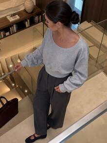 Women's Grey Pure Cotton Long Sleeve Boat Neck Pullover Sweatshirt, Ribbed Knit Top, Autumn Essential - Light Grey - View 3