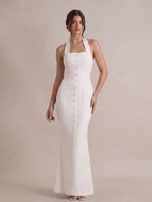 PARTHEA Elegant White Women Halter Mermaid Maxi Party Dress, Square Neck Faux Front Buttons Back Split Formal Long Gown - White - View 3