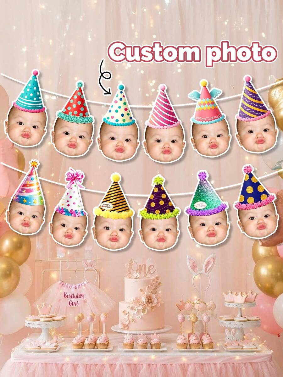 Custom Photo Birthday Banner,Multi-Style Party Hat Garland,First Birthday Party Decor, Decor,Photograph Backdrop,Family Gift, Wild One Party Theme - Multicolor - View 1