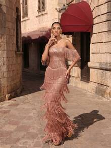 LOVE&LEMONADE Gold Cold Shoulder Sequin Tassel Long Evening Gown Wedding Dress - Gold - View 2