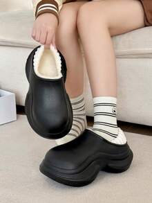 Women's Black Wedge Heel Thick Sole Slippers, Outdoor Indoor Winter Thermal Lined Warm Closed Toe Plush Slippers, Doctor, Nurse Multi-Function Casual Shoes - Black - View 4