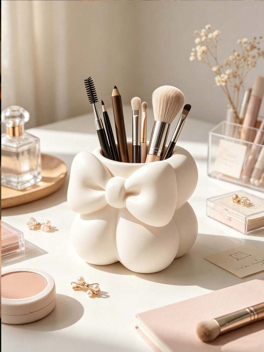 1pc Cute Bow-Shaped Makeup Brush Holder, Matte Resin Cosmetic Storage Box, Desktop Pen Holder, Suitable For Vanity, Bathroom, Makeup Table, Store Skincare Brushes, Pencils, Desktop Decor Gift Item, Best Gift For Back To School Season - Multiple Styles - View 1