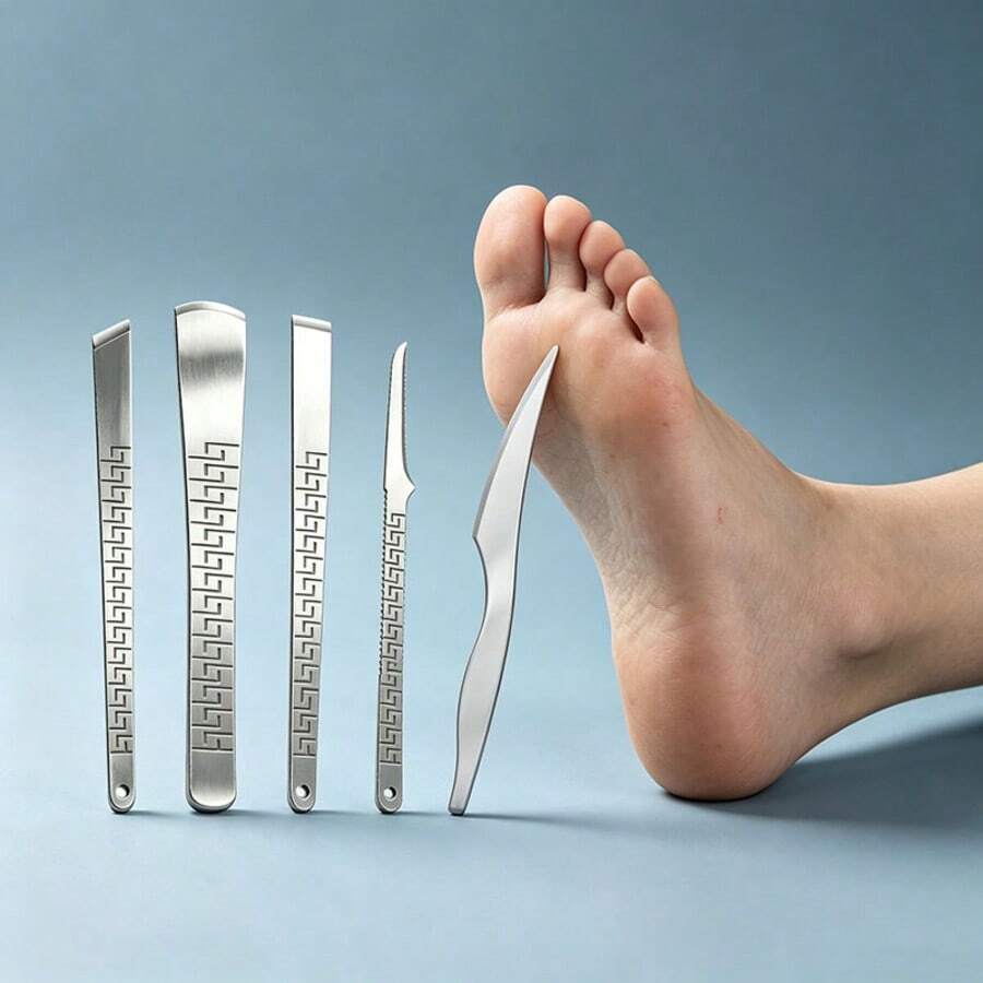5件組不鏽鋼足部護理刮腳器套組,精緻螺旋紋防滑手柄,足底死皮與繭皮去除家用修腳刮器組 - 銀色 - 查看 1