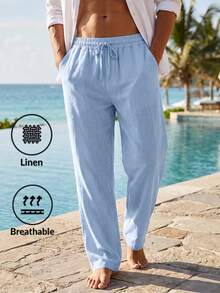 Men's Loose Straight Leg Linen Beach Pants, American Style Summer Hawaiian Casual Sporty Solid Color Versatile Long Trousers - Baby Blue - View 1