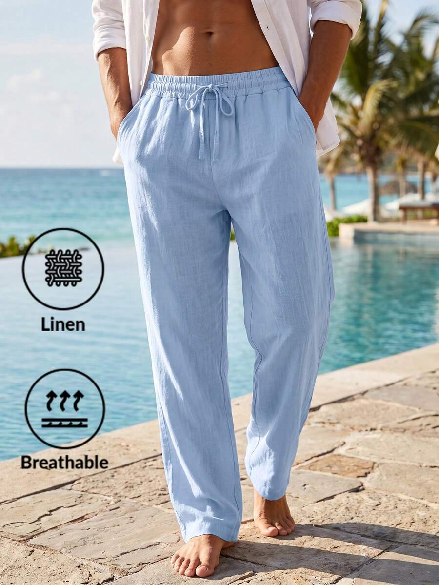 Men's Loose Straight Leg Linen Beach Pants, American Style Summer Hawaiian Casual Sporty Solid Color Versatile Long Trousers - Baby Blue - View 1