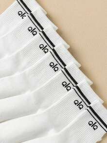 7 Pairs White Unisex Striped Letter Mid-Calf Socks, Comfortable Soft Women's Casual Tube Socks, New Versatile Sports Long Socks, Personalized College Style Student Socks - Multicolor - View 3