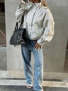 Blogger New Autumn Plus Size Women's Polka Dot Drawstring Loose Fit White Casual Everyday - White - View 3
