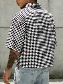 Men's Black & White Houndstooth Slim Fit Short Sleeve Casual Shirt, Street Style - Black and White - View 5