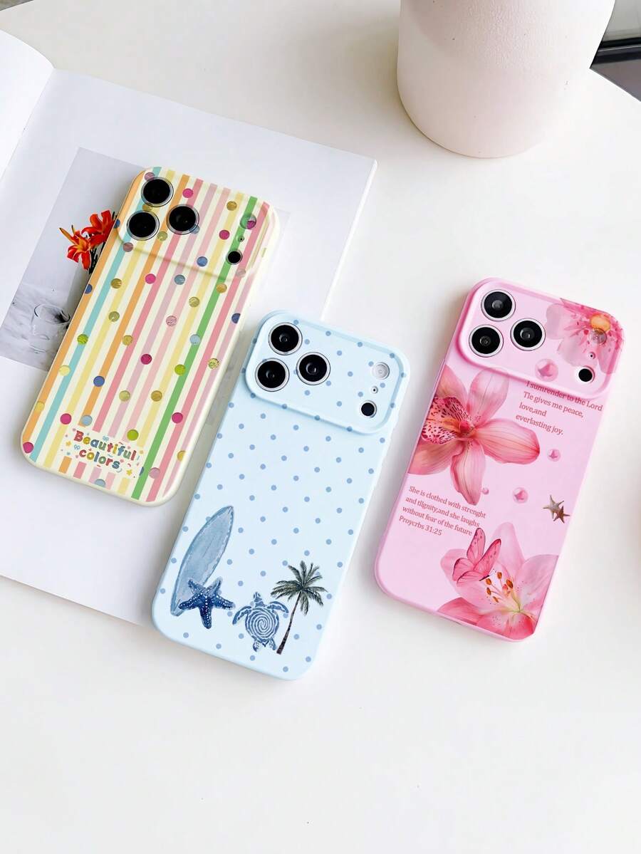 Luxury 3-Piece Set Perfect Match Polka Dot/Striped/Lily Floral/Vacation Turtle Design Pattern, Solid Color Soft Silicone Full Coverage Straight Edge Phone Case, Apple Smartphone Protective Cover, Cute Dopamine Color Phone Case, Compatible With IPhone 16 Pro Max 16 16 Plus 16 Pro 15 15 Pro 15 Plus 15 Pro Max/14 14 Plus 14 Pro 14 Pro Max/13 13 Pro 13 Pro Max/12/12 Pro/XS Max/XR Phone Models, Perfect For Daily Use, 17 17 Pro 17 Pro Max Daily Outfit Essential