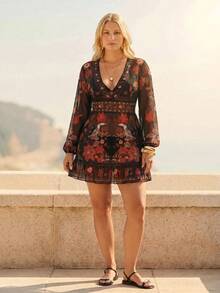 CAJUNI 2026 Spring/Summer Plus Size Women V-Neck Casual Vacation Beach Short Dress Black - Black - View 5