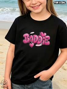Girls Summer Streetwear Short Sleeve T-Shirt With Pink Letter Print & Heart Design, Breathable Round Neck Casual Top For Kids - Black - View 3