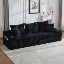 Cord Fabric Sofa With Seat Compression Function, High Backrest & Extra Cushions, Double-Sided Pockets & Cup Holders - Black - View 3