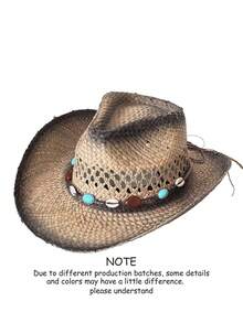 1pc Unisex Leather Belt Metal Decor Gradient Print Western Cowboy Straw Hat, All-Season Fashion Versatile Sun Protection Outdoor Beach Hat, Style - Gem - View 24
