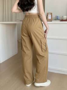 1pc Teen Girls' Back To School Season Minimalist Retro Cargo Pants With Large Pockets - Khaki - View 2