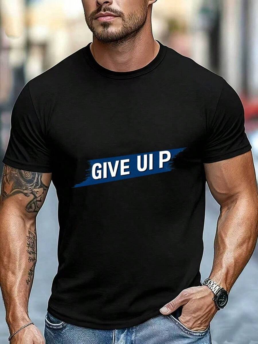 T-shirt noir pour homme, imprimé << Give Up P », col rond, manches courtes, style streetwear, idéal pour le sport. - Noir - Voir 1