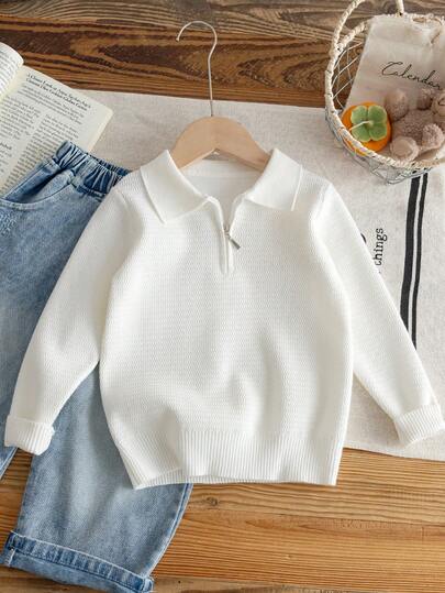 Boys White Polo Collar Half-Zip Long Sleeve Knit Sweater With Fine Wavy Texture, Minimalist Preppy Casual Versatile Pullover For School Daily Wear, Spring Autumn Winter