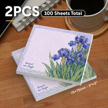 2 Packs 100 Sheets Van Gogh Iris Sticky Notes, Vintage Floral Oil Painting Style Self-Adhesive Blank Memo Pads, Desktop Reminder Notes, Office School Home Stationery Supplies - 75 X 75 mm - View 1