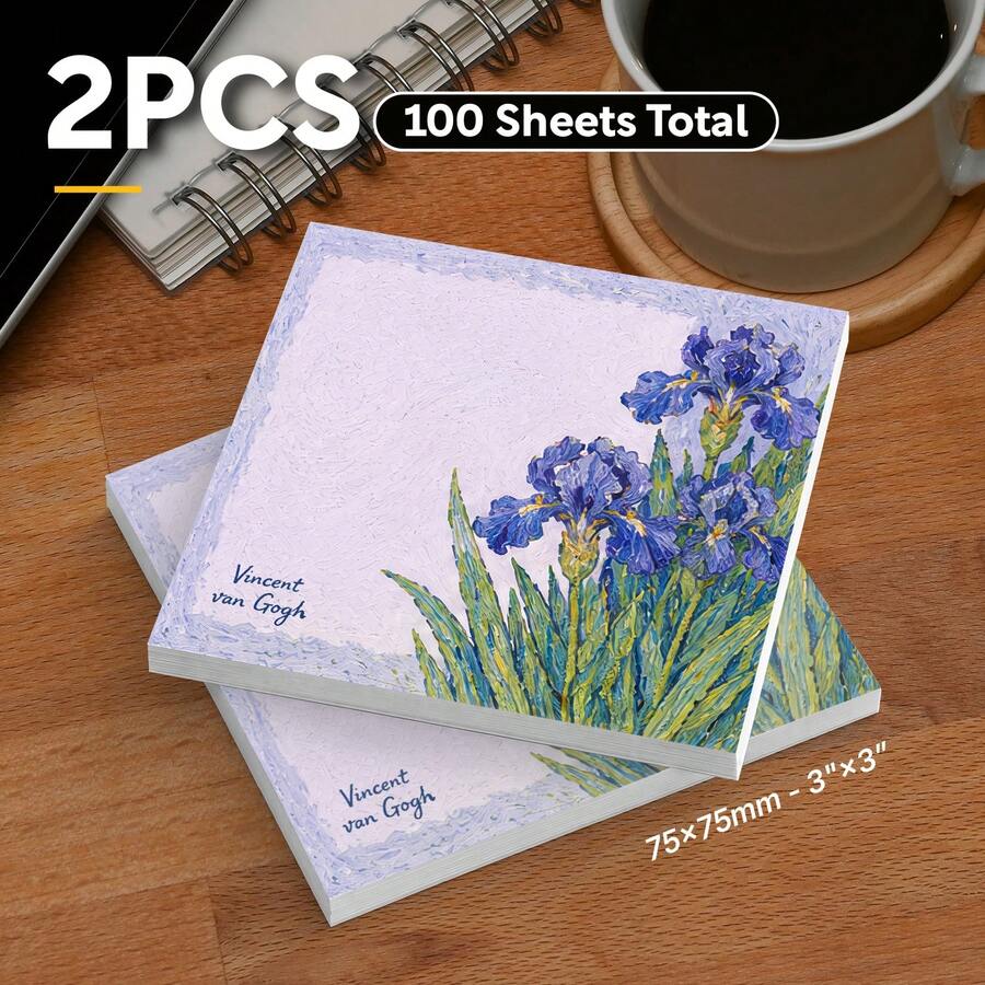 2 Packs 100 Sheets Van Gogh Iris Sticky Notes, Vintage Floral Oil Painting Style Self-Adhesive Blank Memo Pads, Desktop Reminder Notes, Office School Home Stationery Supplies - 75 X 75 mm - View 1