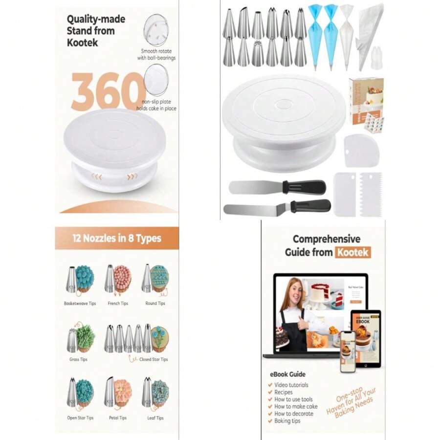 PCs Cake Decorating Kit, Baking Supplies Tools - Includes Cake Stand Turntable, 12 Icing Piping Tips Set, 2 Frosting Spatulas, 3 Scrapers, 50+2 Piping Bags, Coupler, Video Tutorial, Booklet - White - View 1