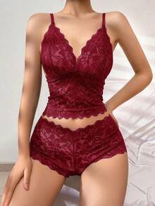 Conjunto de camiseta y sujetador de encaje floral para mujer - Burdeos - Ver 4