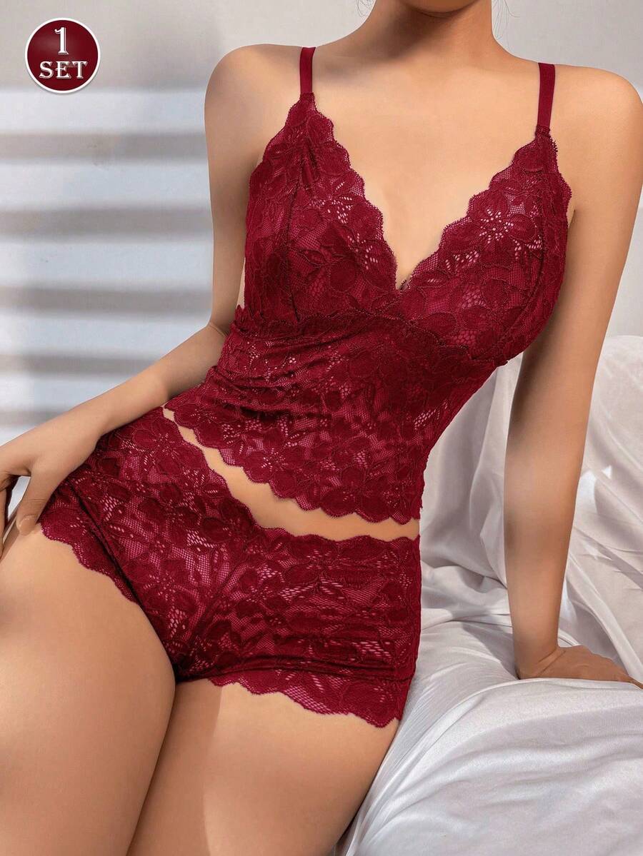 Conjunto de camiseta y sujetador de encaje floral para mujer