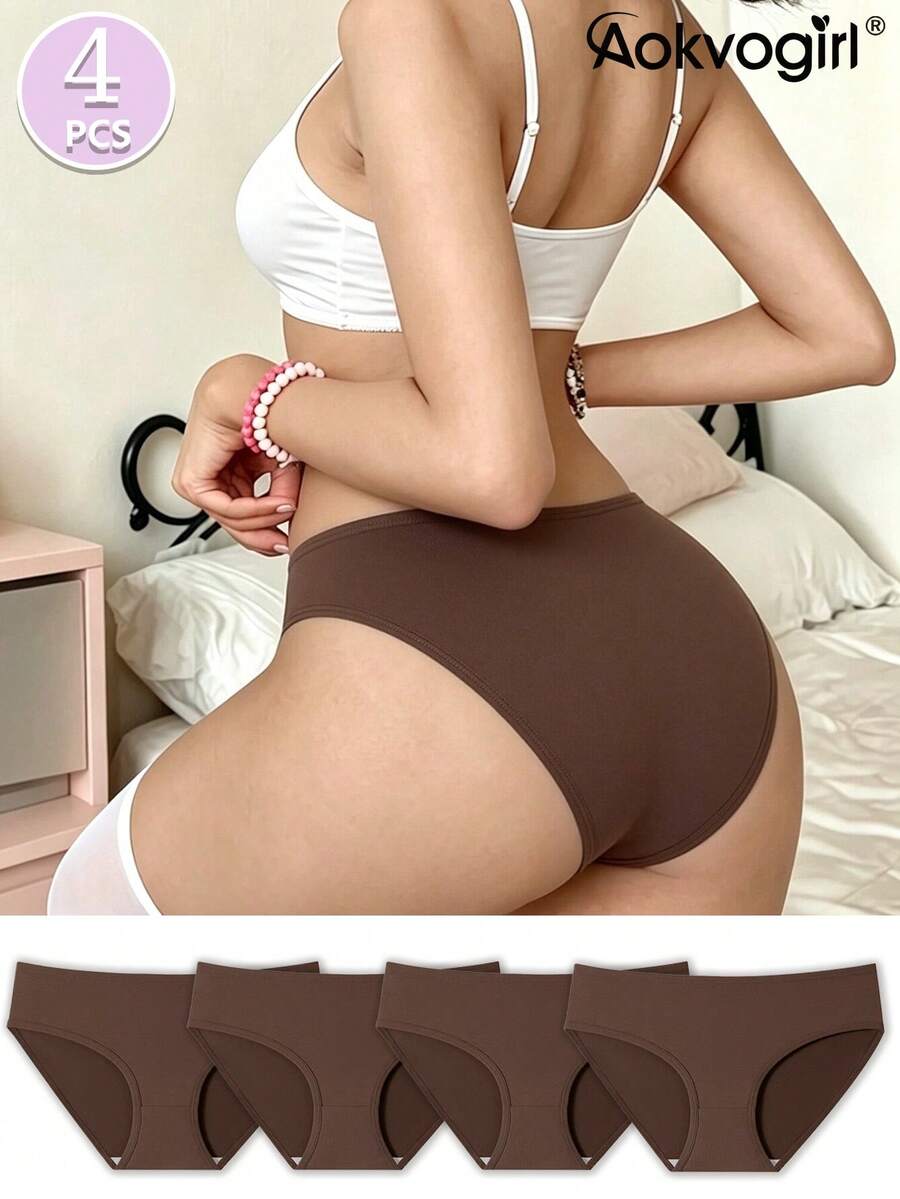 AOKVOGIRL 4件組美拉德色純棉高彈舒適透氣女款無縫極簡三角內褲 - 彩色 - 查看 1