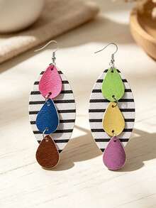 1 Pair European & American Style Geometric Patchwork Earrings For Women, Color Block Striped Round Disc Pendant Earrings, Personalized Exaggerated Versatile Jewelry - Handmade Earrings - View 6
