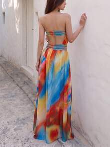 Vestido Maxi Arcoíris Elegante y Sexy sin Tirantes para Mujer, Falda de Cintura Ajustada con Abertura en el Muslo, Vestido de Verano - Azul - Ver 6