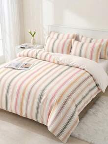 2/3 Piece Bedding Set, Home Textile, Minimalist Style, Pink & Green Striped, Comfortable & Breathable Bedding Set, Soft & Anti-Pilling, No Comforter Insert, Suitable For All Sizes Of Large And Small Beds, All Season, Indoor Decor - Multicolor - View 7