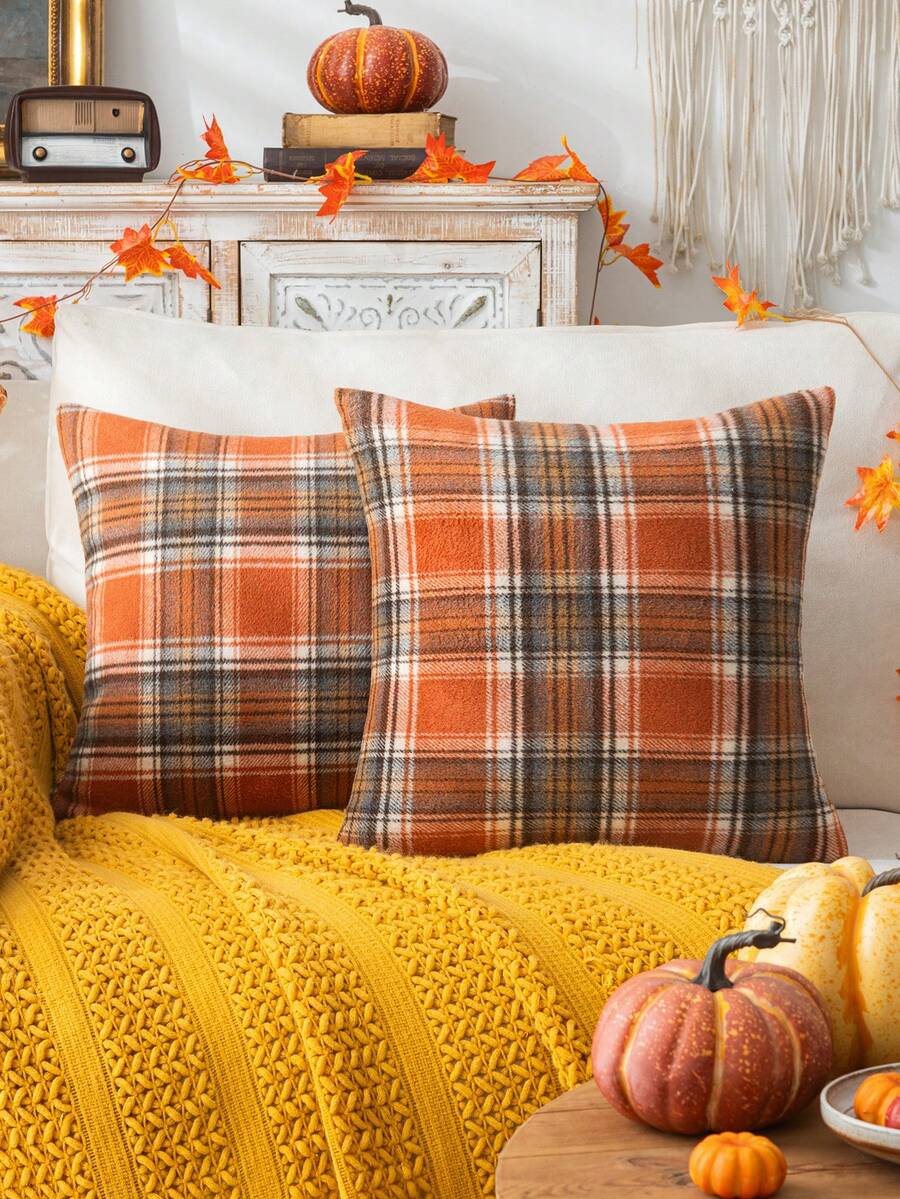 Homemorelove 1/2pcs Plaid Double-Sided Faux Mohair Pillowcase, Hidden Zipper, Suitable For Bedroom, Living Room, Sofa Home Decor, Pillow Insert Not Included, Thanksgiving, Halloween Atmosphere Decorative Cushion Cover - Large Orange Plaid - View 1