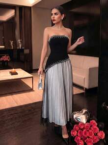 Women's Strapless Pearl Beaded Colorblock Long Dress, Heavy Beaded Black & White Mesh Strapless Long Dress Fall Wedding Party - Black - View 7