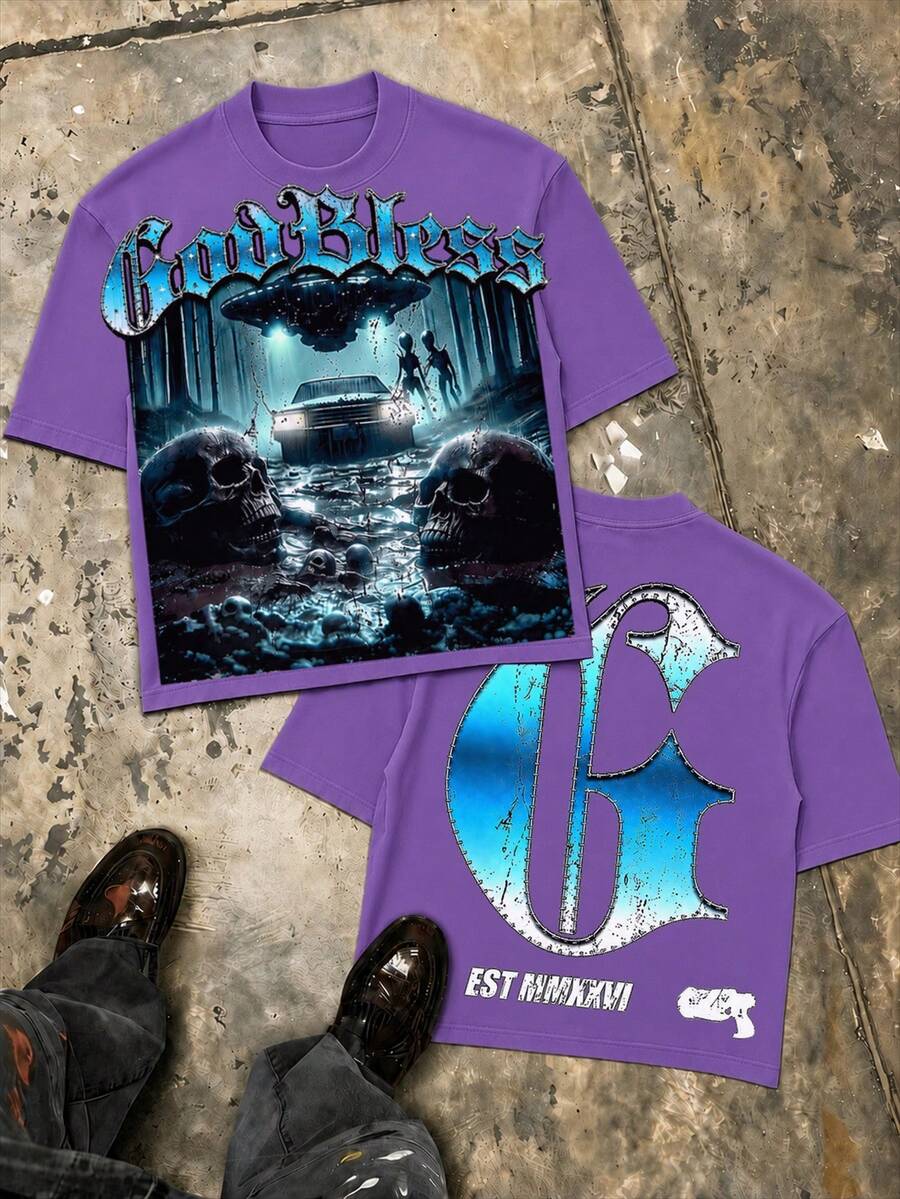 Double Sided Alien Graphic Tee, Oversized Urban Y2K Summer Casual Top For Men, Father Day Gift - Purple - View 1