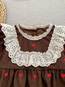 Vintage Style Girls Dress With Lace Collar, Heart Print, Long Sleeve, Corduroy, Spring/Autumn Children's Dress - Brown - View 4