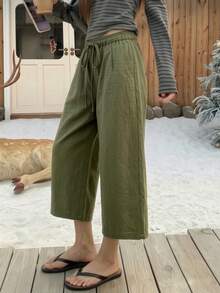 Women's 7/8 Length Wide Leg Pants, Summer New Elastic Waist Drawstring Lightweight Breathable, Slouchy, Loose Casual Pants, Suitable For Daily Wear - Army Green - View 7