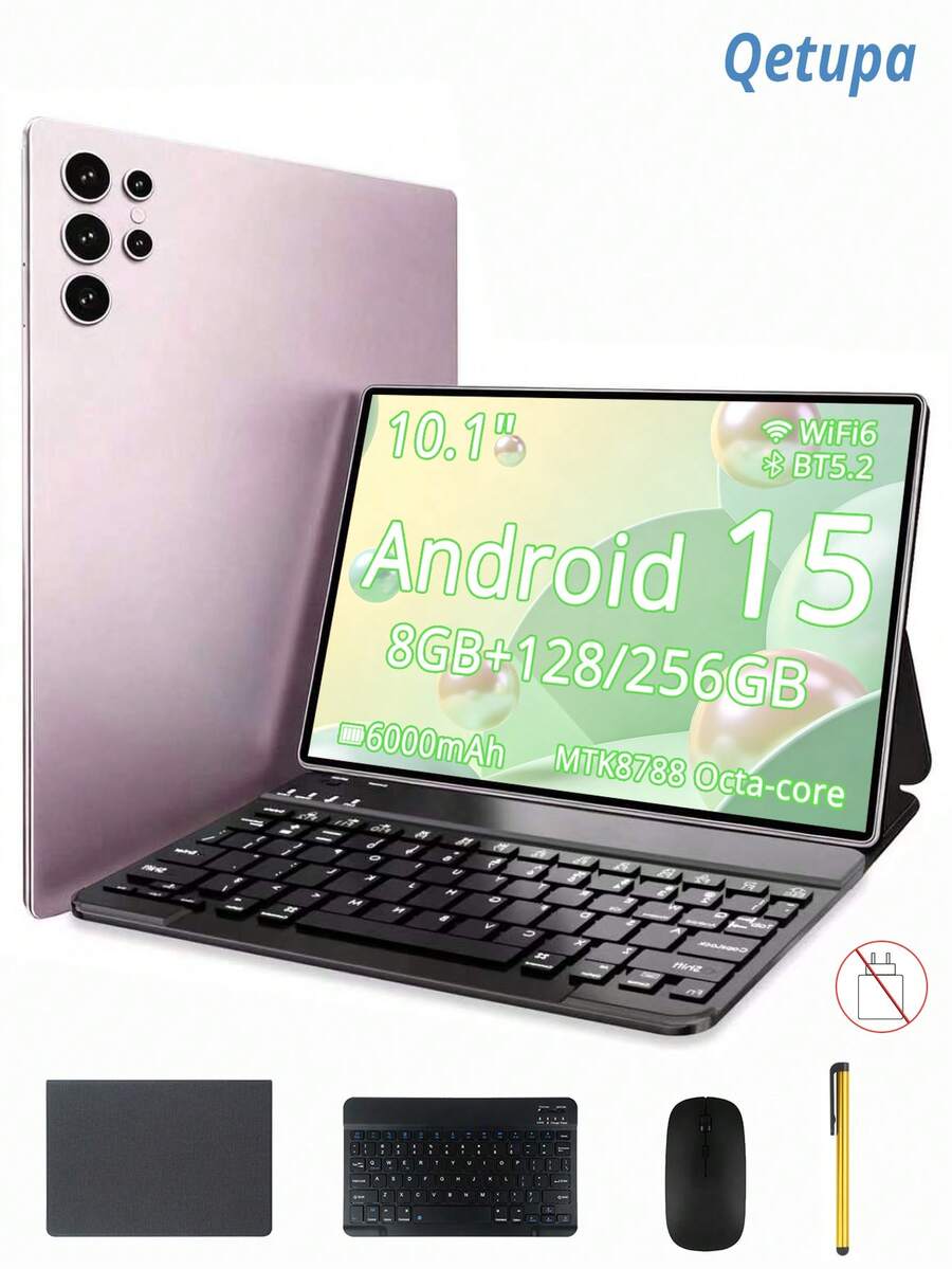 Qetupa 10.1-Inch Android Tablet With Case, Keyboard, Mouse, And Stylus, 8GB RAM + 128GB/256GB ROM (Supports 1TB Expansion), 1280x800 Touchscreen, 5MP Front Camera And 13MP Rear Camera, 6000mAh Battery (No SIM Card Support, Power Adapter Not Included) - Rose Gold - View 1