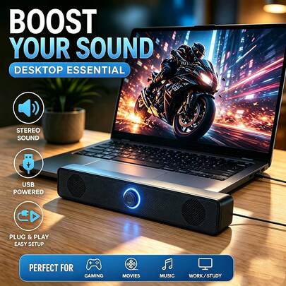 Speaker Desktop Berkabel Bertenaga USB dengan Colokan 3.5mm dan Kontrol Volume, Output Audio Stereo, Cocok untuk Komputer dan Laptop, Hitam, Speaker Desktop