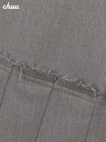 CHUU High Waist Button Pleated Skirt For Women, Autumn College Style Letter Embroidery A-Line Skirt - Grey - View 9