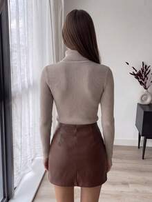 SEREN New Autumn/Winter Vertical Striped Knit Turtleneck Sweater For Women, Khaki, Slim Fit, Casual Style, Suitable For Daily Commute And Travel - Yan - View 2