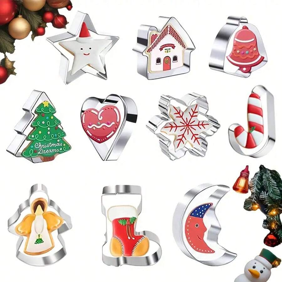 10pcs Christmas Cookie Cutter Set - Mini Party Cookie Cutters, Including Star, Angel, Bell, Snowflake, Christmas Tree And Other Fun Shapes, Perfect For Christmas Gifts And Making Christmas Decorations - View 1