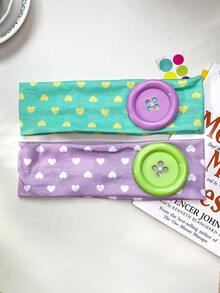 1pc Y2K Dopamine Colorful Heart Print Wide Headband With Oversized Button, Niche Handmade Stitched Design, Millennium Hot Girl Energetic Sweet Cool Girl Aesthetic Accessory - Multicolor - View 6